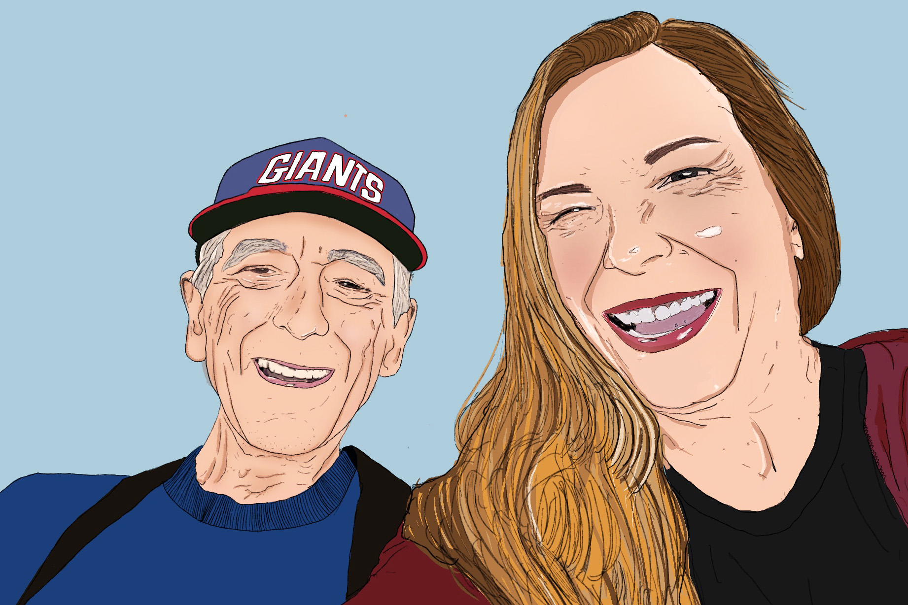 Illustration of an elderly man with his adult daughter, smiling, as they tell his post-hospital rehabilitation success story at CareOne