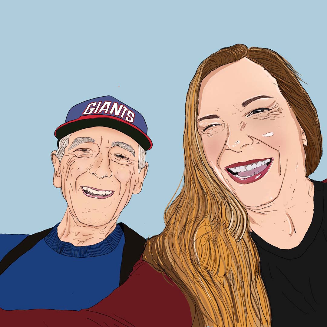 Illustration of an elderly man with his adult daughter, smiling, as they tell his post-hospital rehabilitation success story at CareOne