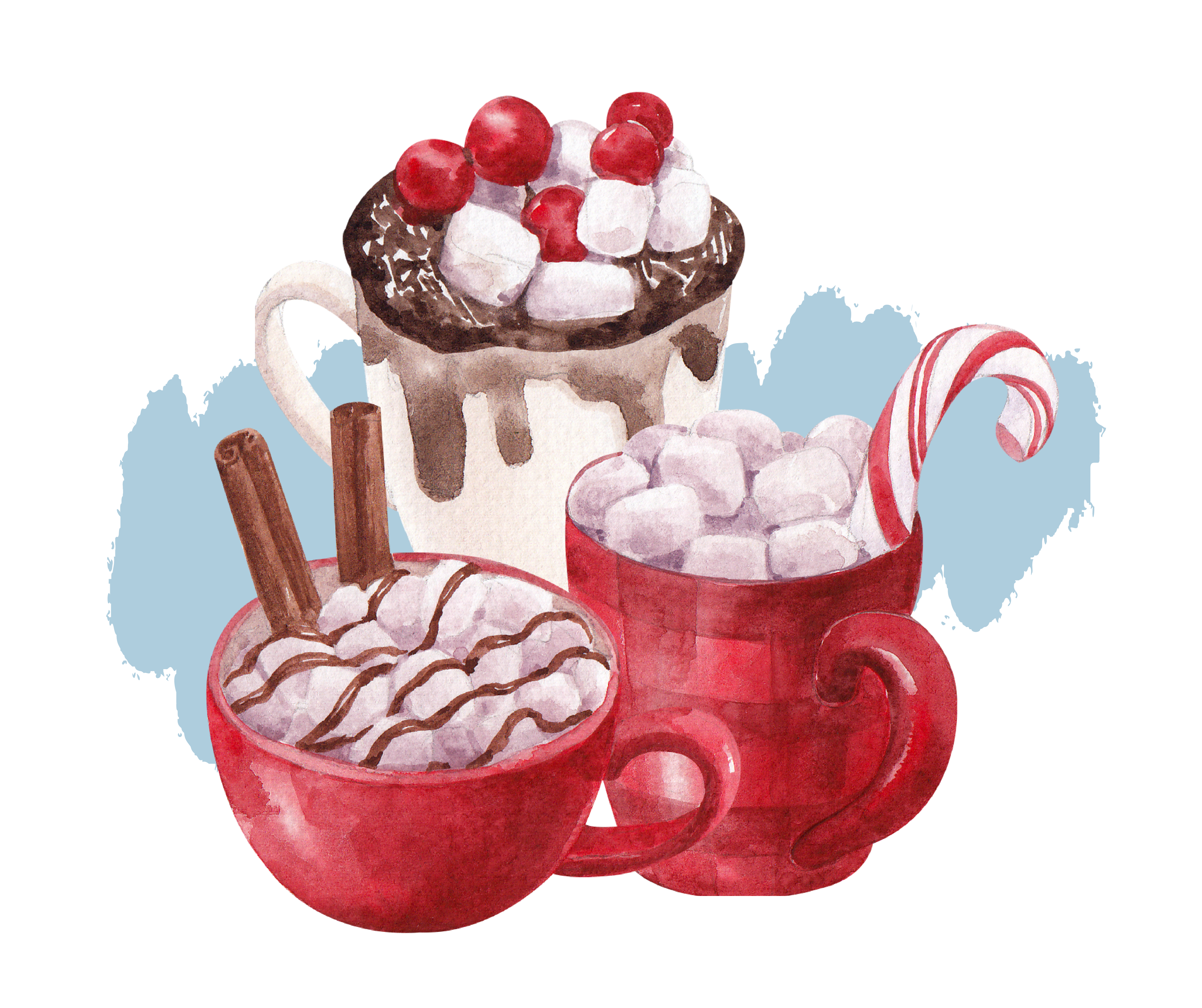 An image of three cups of hot coca with peppermint sticks and marshmallows. Drinking hot cocoa is one of the best holiday activities for seniors!