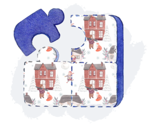 A holiday-themed puzzle with people shoveling snow outside of their house. Puzzles are one of the best holiday activities for seniors!